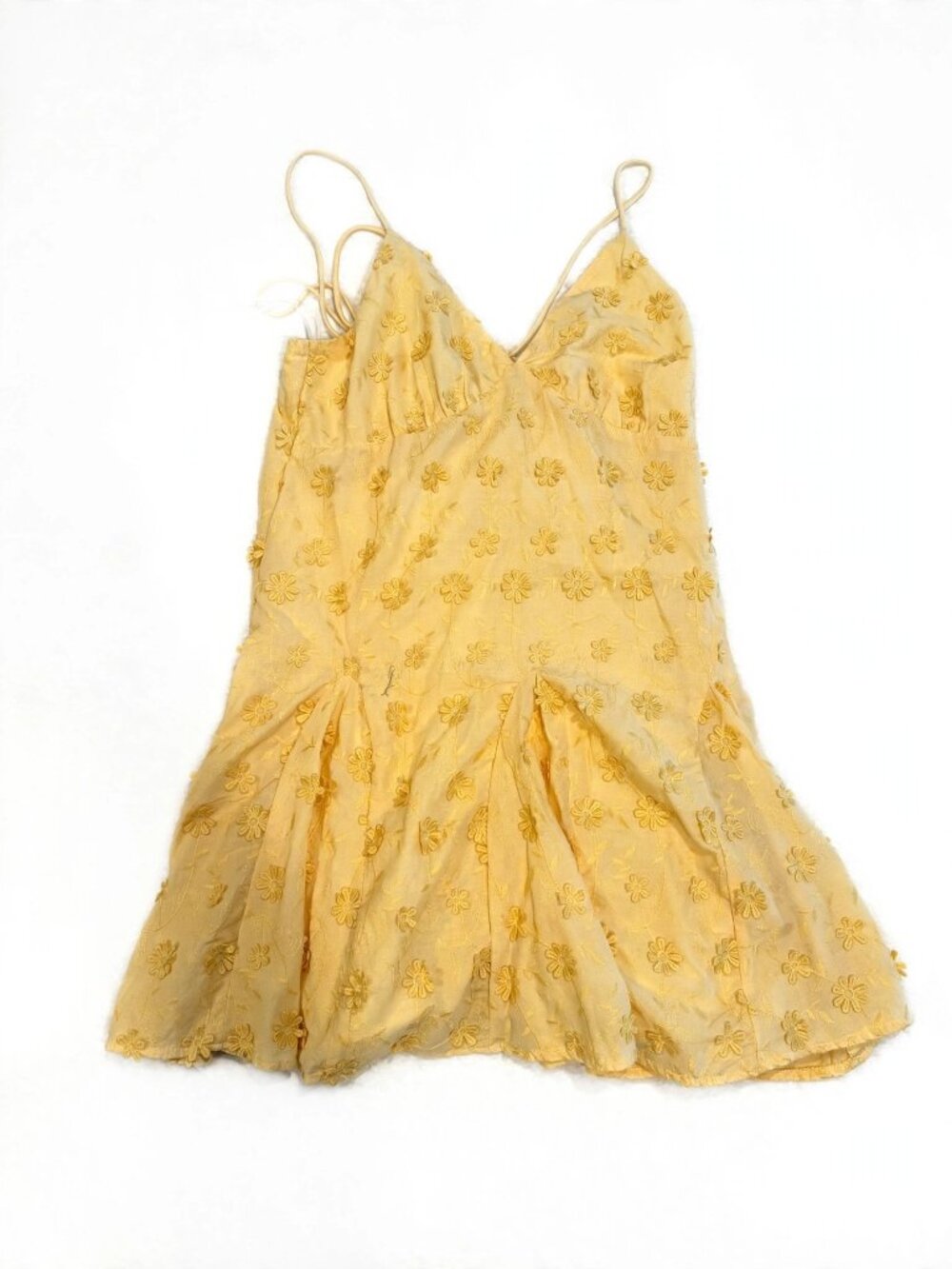 H&M Babydoll Mini Dress Yellow Floral Embroidered Size M